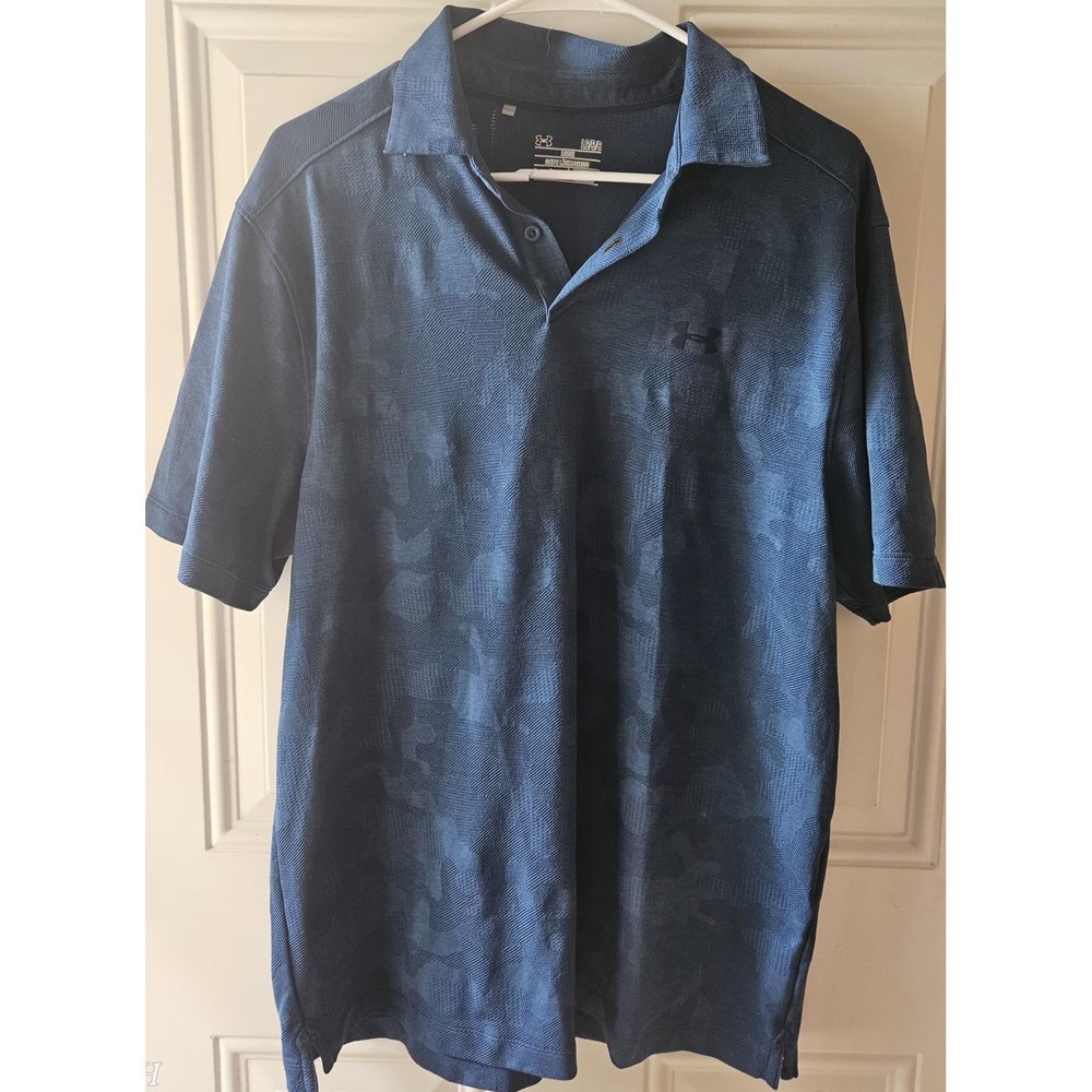 Under‎ Amour Polo Shirt Mens L Heatgear Loose Blue Camouflage Mesh Golf Stretch